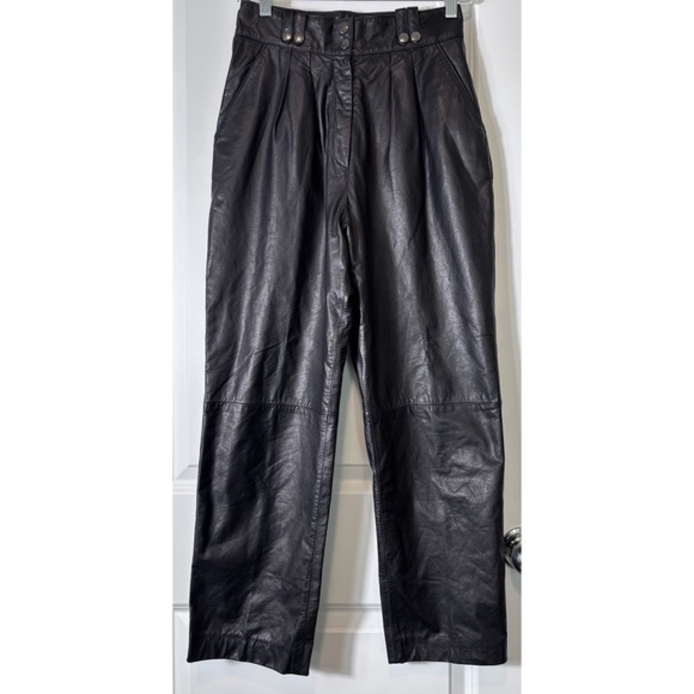 Sana Vintage High Rise Pleated Front Lined Straight‎ Leg Black Leather Pants 6